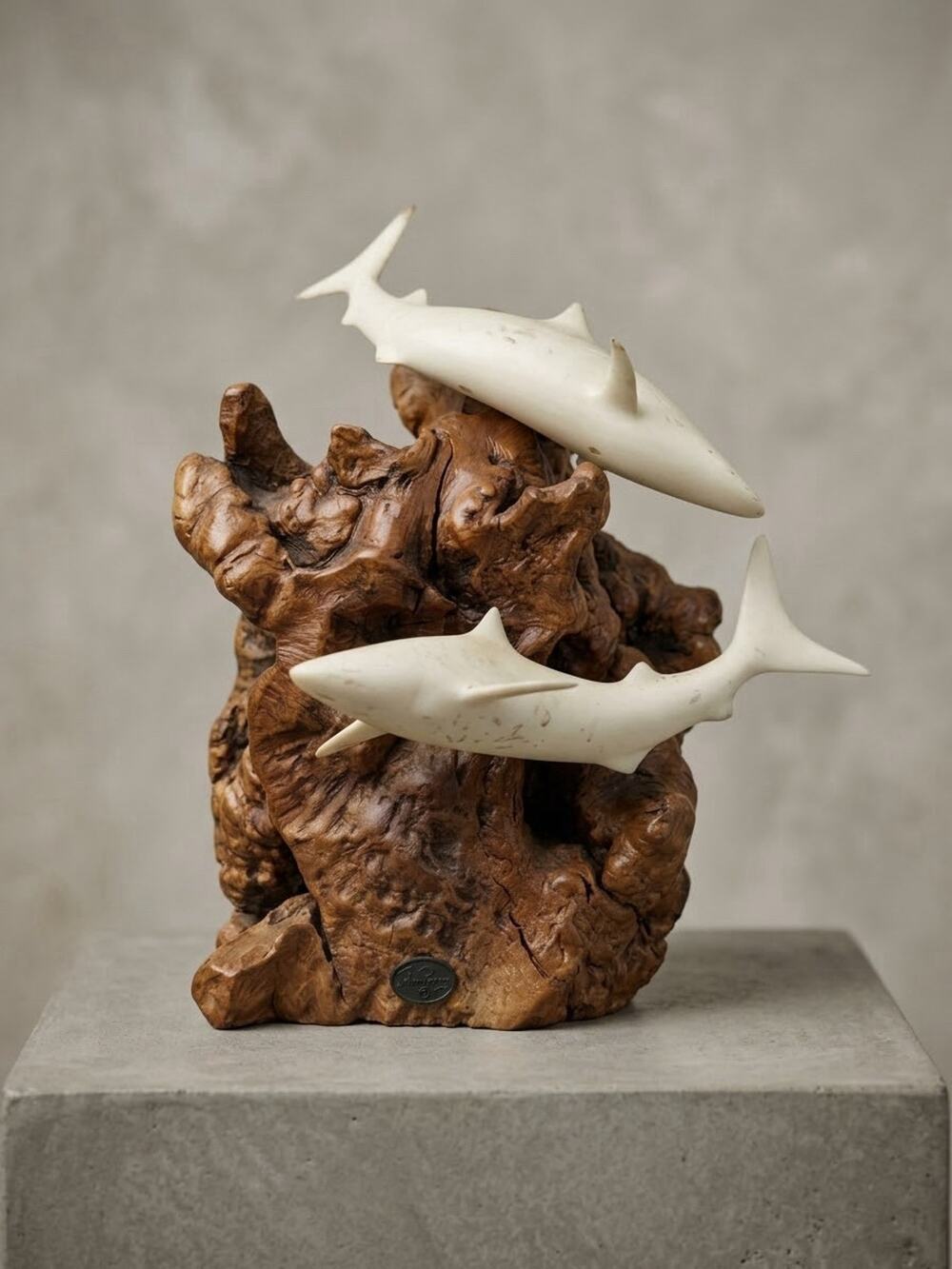 Vintage John Perry Dual Shark Sculpture Great White/Mako Complex Burl Wood Base